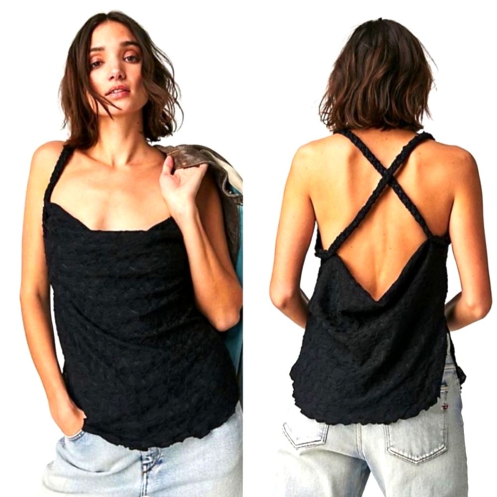 Free People Black Lace Braided-Strap Cami